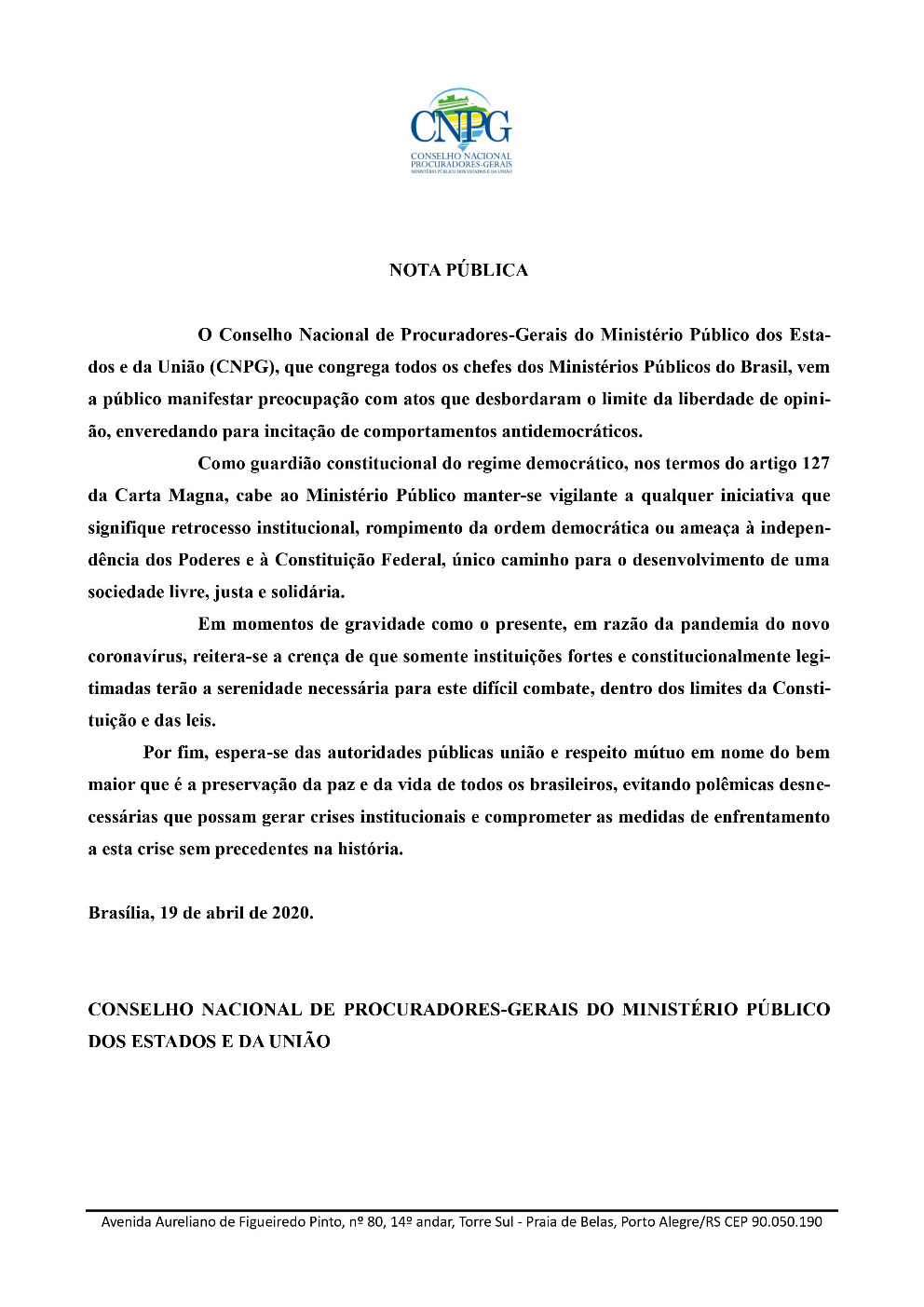 Nota Pública de Procuradores Gerais contra incitação de comportamentos